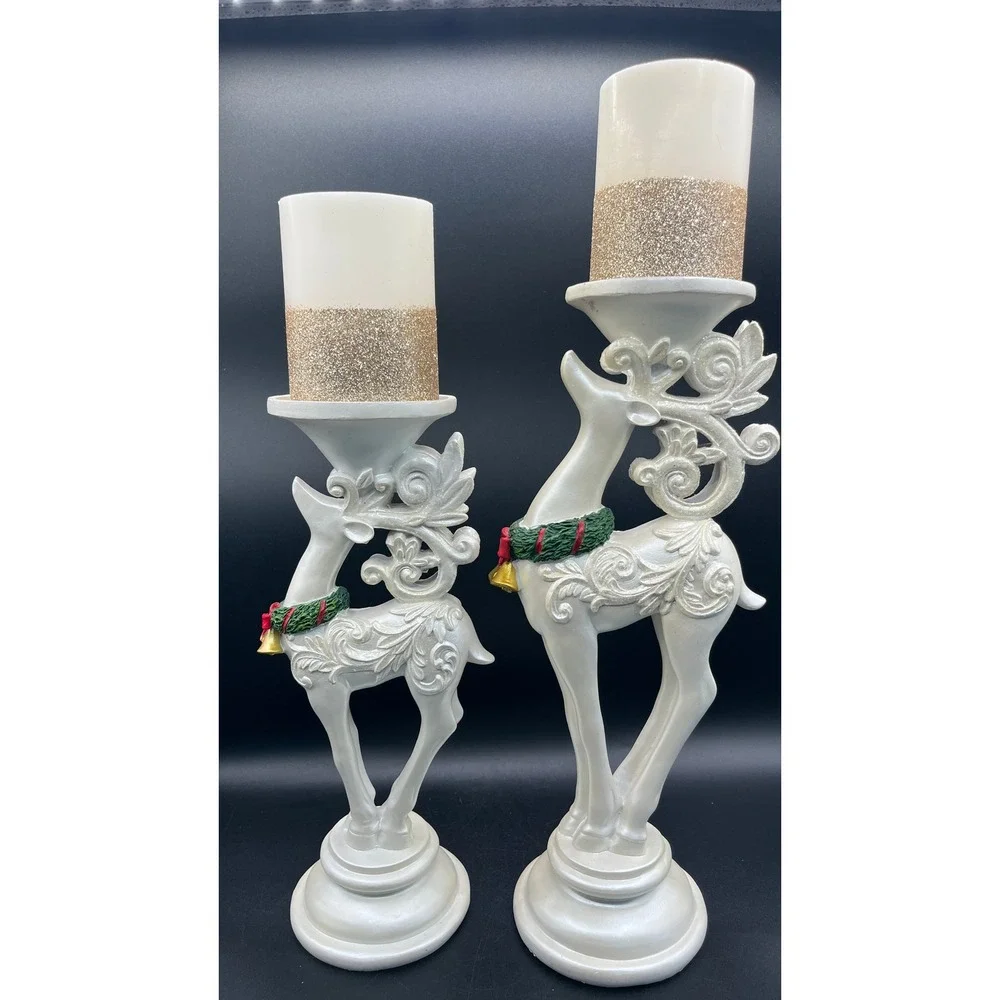 Christmas Reindeer Pillar Candle Holder Set Cream Gold LED Candles 2pc 14